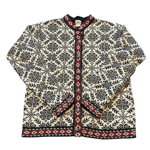 LL Bean Cardigan Wool Made in Australia Navy Cream & Red Aztec Vintage Size S/M - Picture 1 of 10